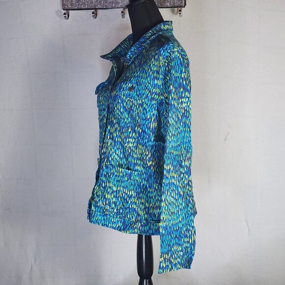Attyre New York Blue Green Yellow Abstract Rayon Nylon Span Adj Waist Jacket XL - Picture 9 of 16
